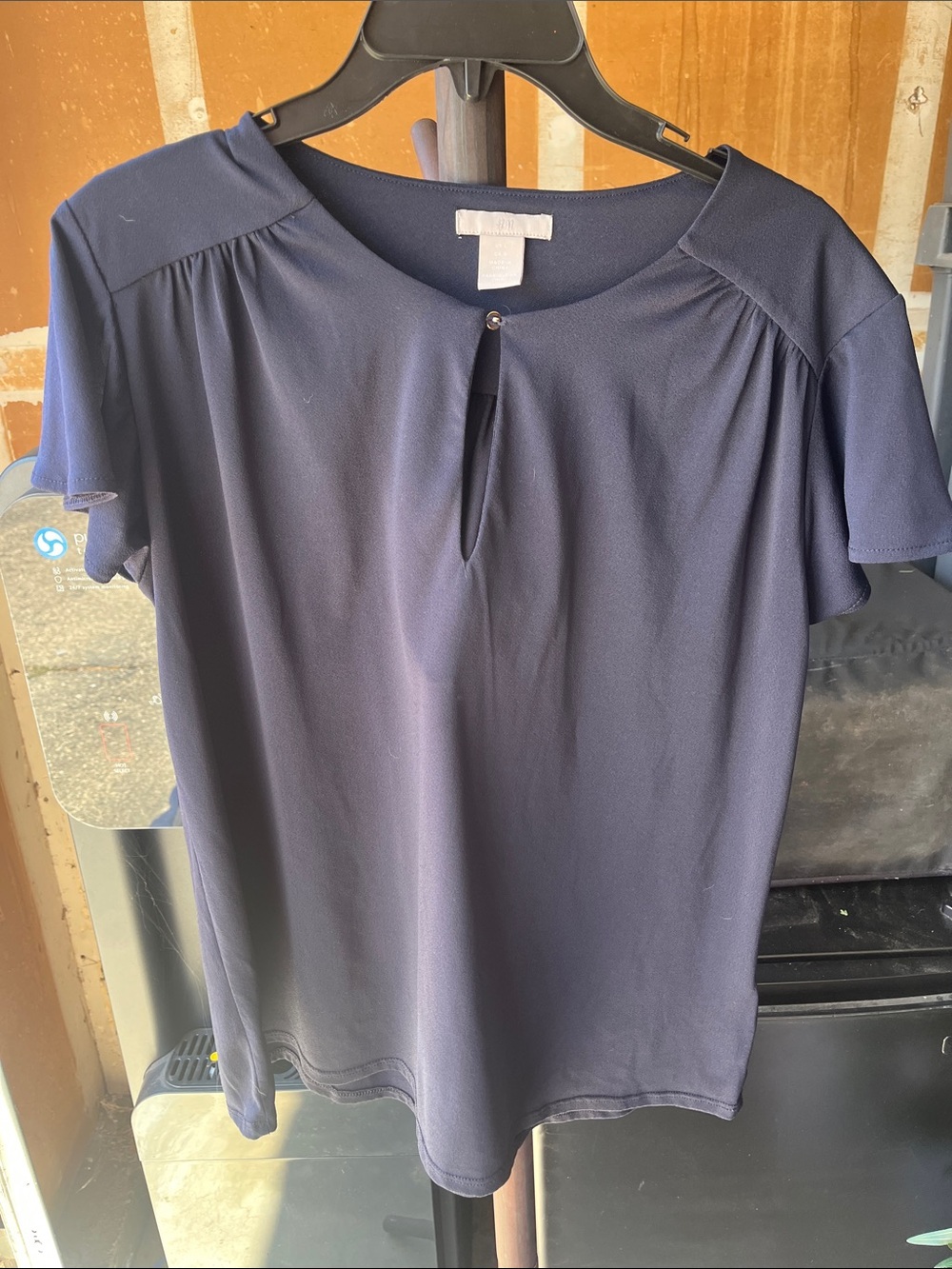H&M Navy Short-Sleeve Keyhole Blouse with Button